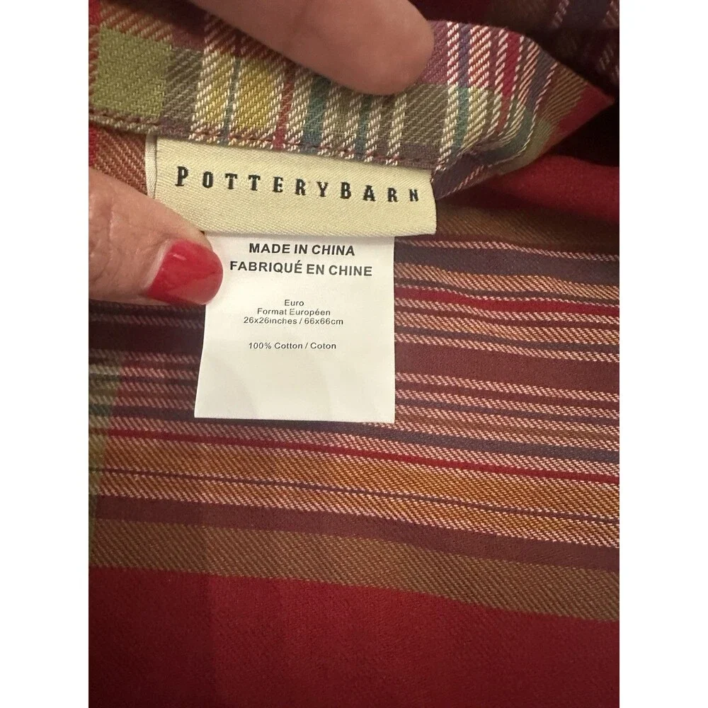 Pottery Barn Euro Plaid Pillow Cover Red Green Multi Color 26x26 100% Cotton